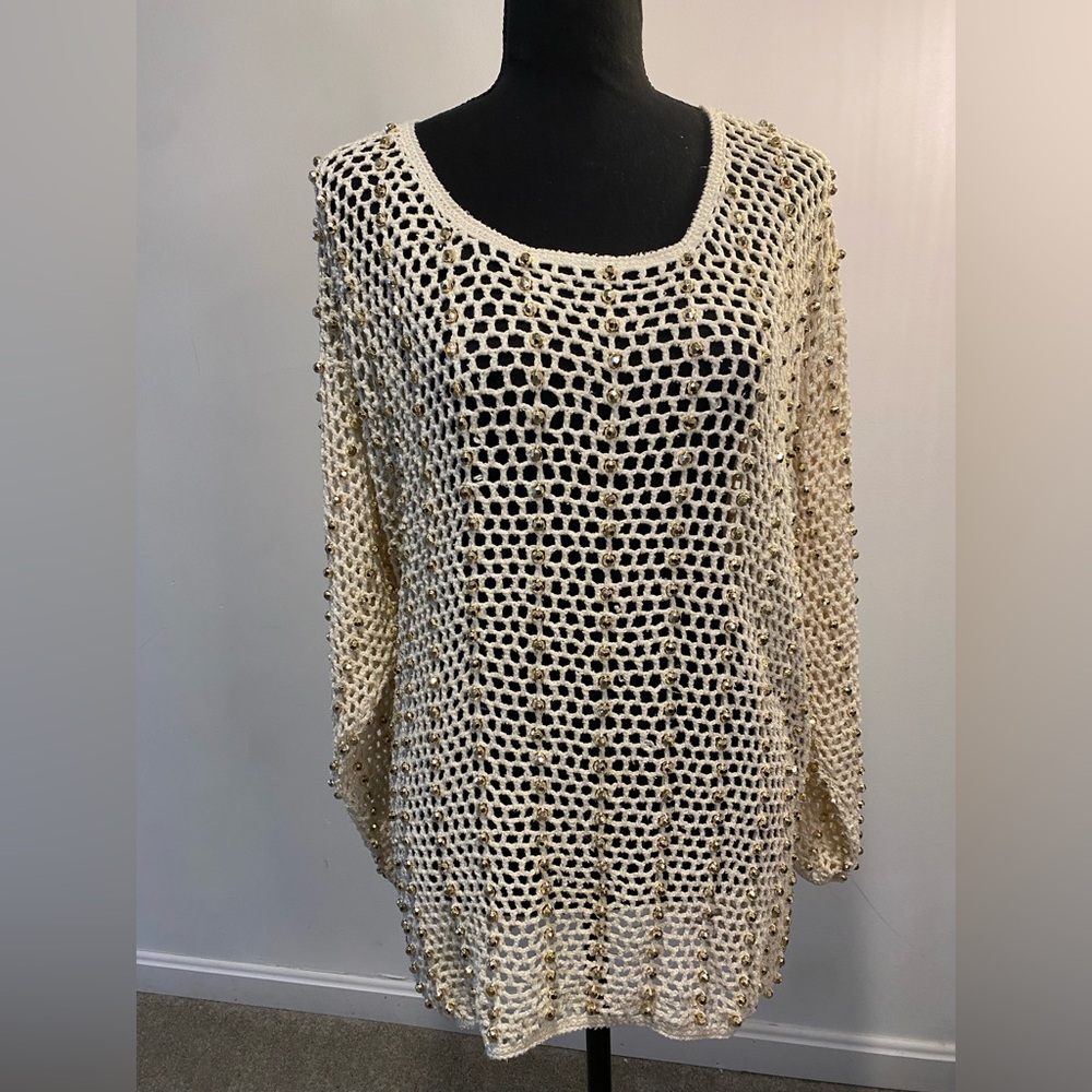 Fishnet pullover sweater with gold studs by X-ES NY